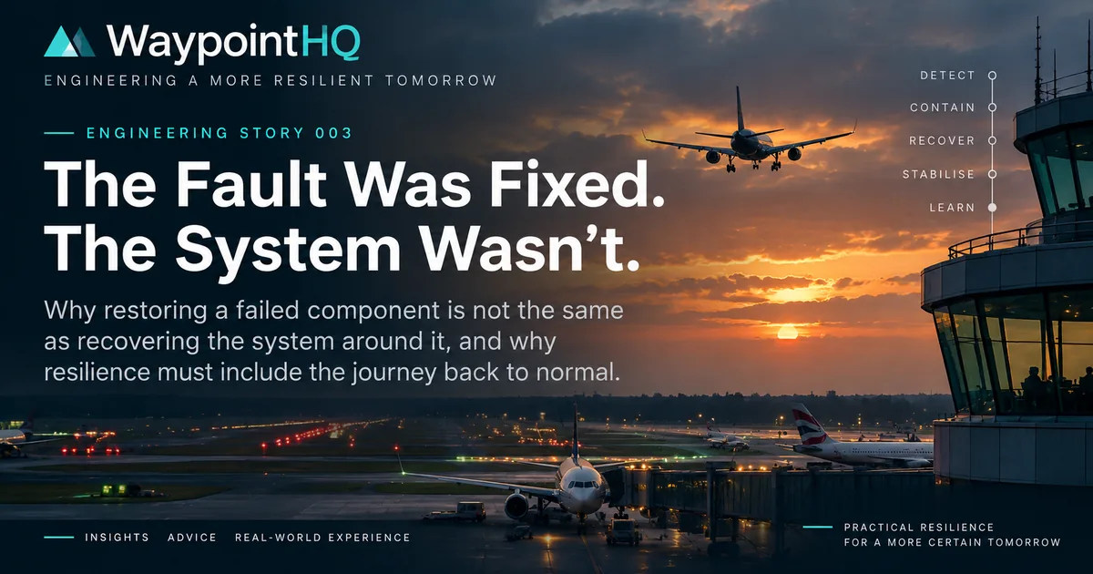 WaypointHQ Engineering Story 003: an aviation system recovering after a technical fault.